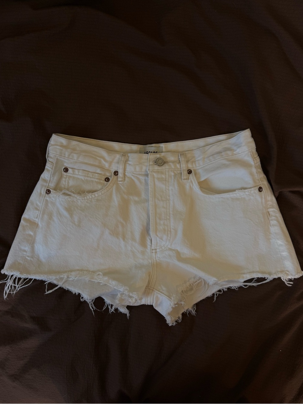 AGOLDE High Waisted White Distressed Denim Shorts - Women
